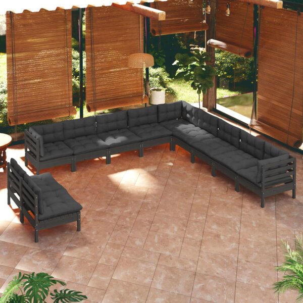 vidaXL 11-tlg. Garten-Lounge-Set mit Kissen Schwarz Massivholz Kiefer