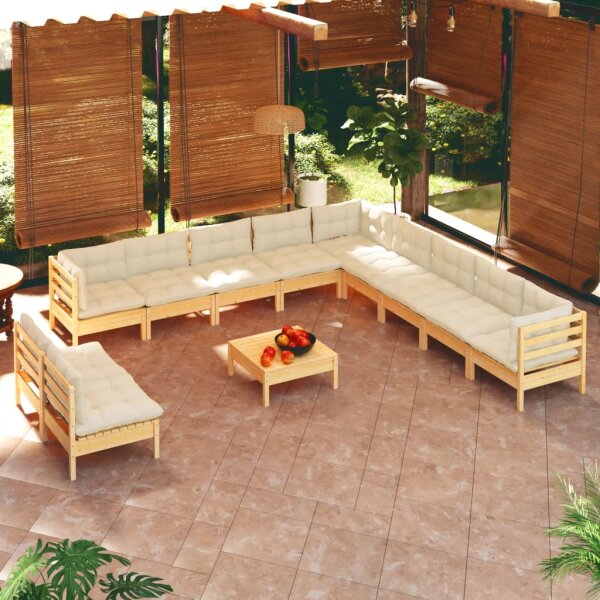 vidaXL 12-tlg. Garten-Lounge-Set mit Creme Kissen Massivholz Kiefer