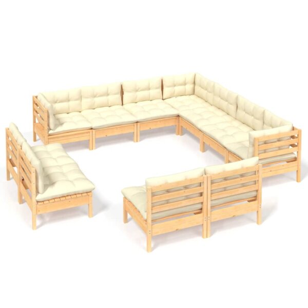 vidaXL 11-tlg. Garten-Lounge-Set mit Creme Kissen Massivholz Kiefer