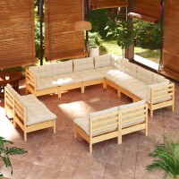 vidaXL 11-tlg. Garten-Lounge-Set mit Creme Kissen...