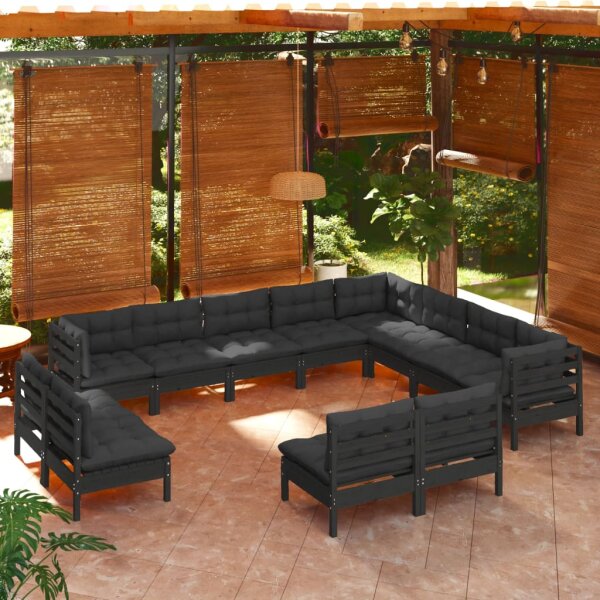 vidaXL 12-tlg. Garten-Lounge-Set mit Kissen Schwarz Massivholz Kiefer