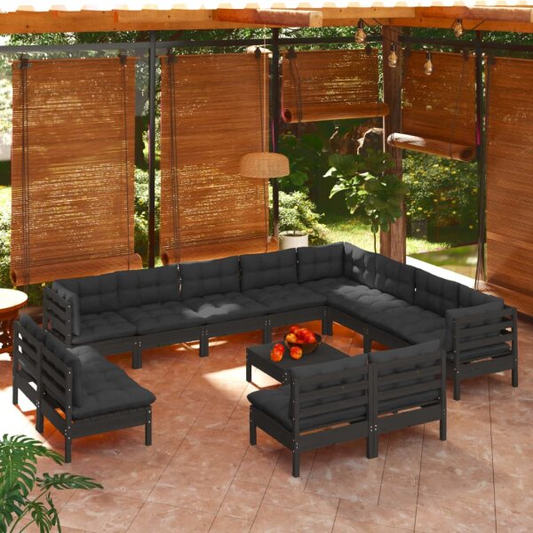 vidaXL 13-tlg. Garten-Lounge-Set mit Kissen Schwarz Massivholz Kiefer