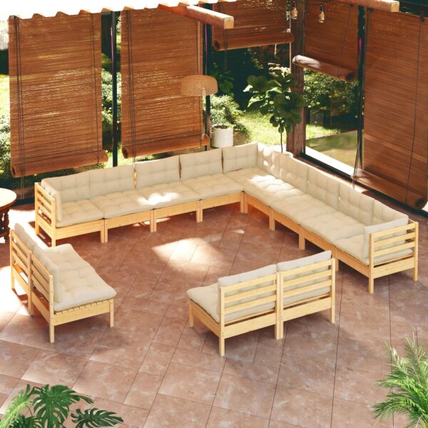 vidaXL 13-tlg. Garten-Lounge-Set mit Creme Kissen Massivholz Kiefer