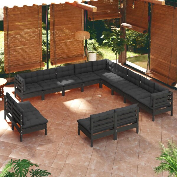 vidaXL 13-tlg. Garten-Lounge-Set mit Kissen Schwarz Massivholz Kiefer