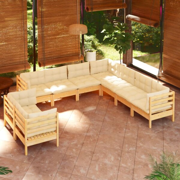 vidaXL 9-tlg. Garten-Lounge-Set mit Creme Kissen Massivholz Kiefer