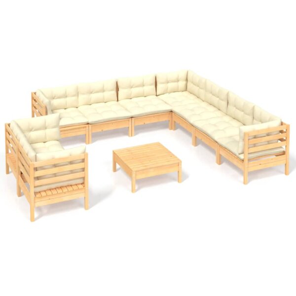 vidaXL 10-tlg. Garten-Lounge-Set mit Creme Kissen Massivholz Kiefer