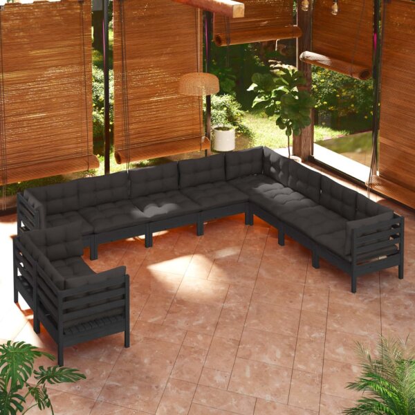 vidaXL 10-tlg. Garten-Lounge-Set mit Kissen Schwarz Massivholz Kiefer