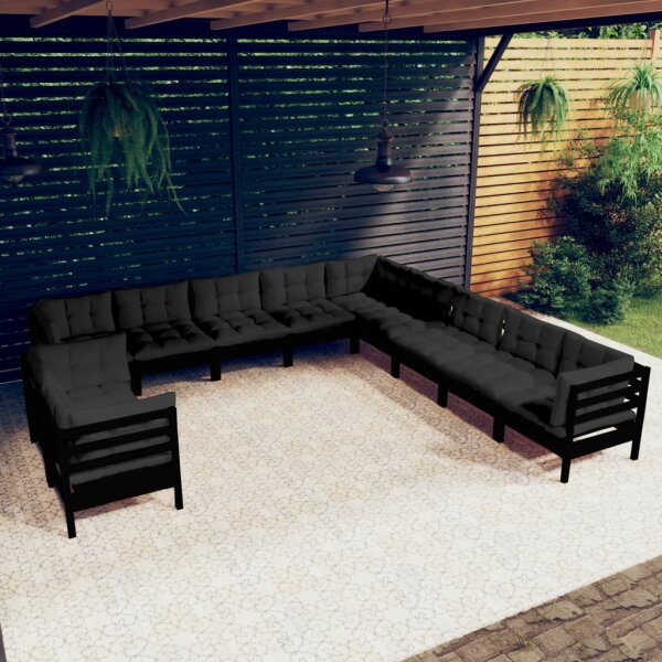 vidaXL 11-tlg. Garten-Lounge-Set mit Kissen Schwarz Massivholz Kiefer