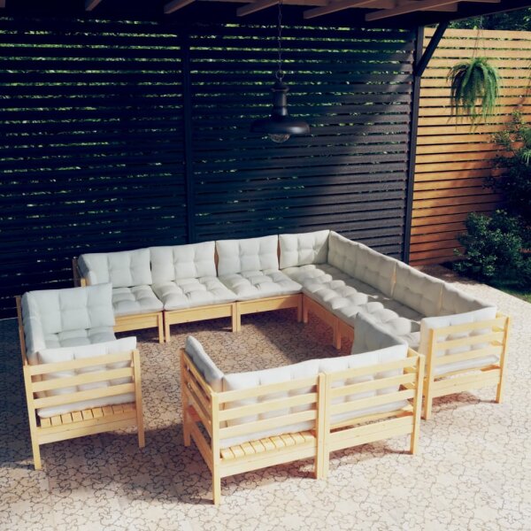 vidaXL 11-tlg. Garten-Lounge-Set mit Creme Kissen Massivholz Kiefer