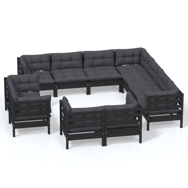 vidaXL 11-tlg. Garten-Lounge-Set mit Kissen Schwarz Massivholz Kiefer