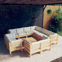 vidaXL 12-tlg. Garten-Lounge-Set mit Creme Kissen Massivholz Kiefer