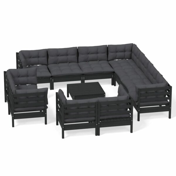 vidaXL 12-tlg. Garten-Lounge-Set mit Kissen Schwarz Massivholz Kiefer