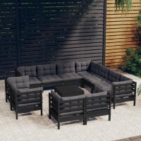 vidaXL 12-tlg. Garten-Lounge-Set mit Kissen Schwarz Massivholz Kiefer