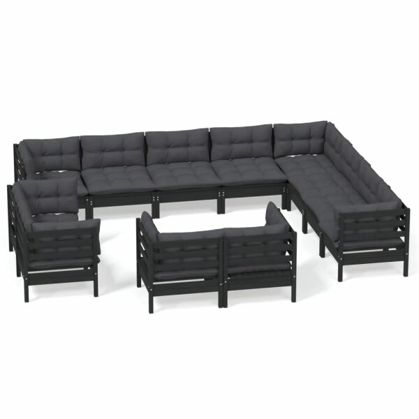 vidaXL 12-tlg. Garten-Lounge-Set mit Kissen Schwarz Massivholz Kiefer