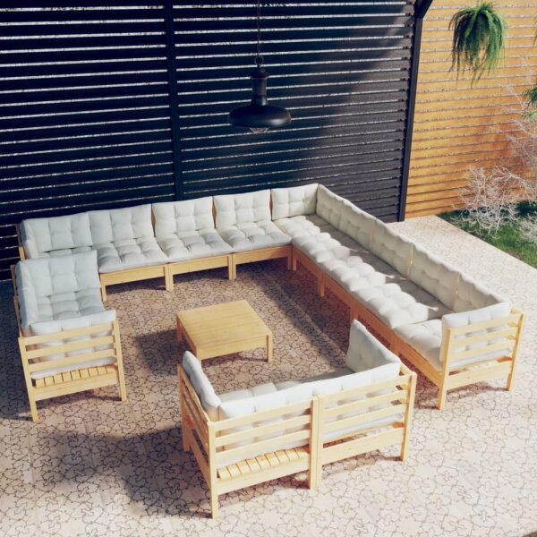 vidaXL 14-tlg. Garten-Lounge-Set mit Creme Kissen Massivholz Kiefer