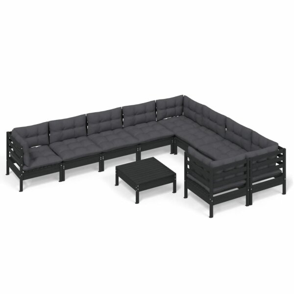 vidaXL 10-tlg. Garten-Lounge-Set mit Kissen Schwarz Kiefernholz