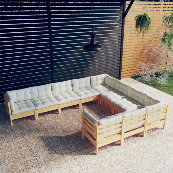 vidaXL 10-tlg. Garten-Lounge-Set mit Creme Kissen Kiefernholz