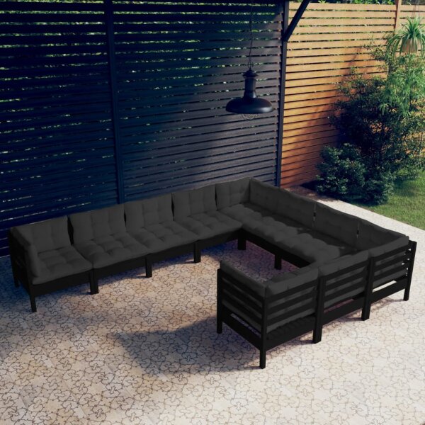 vidaXL 10-tlg. Garten-Lounge-Set mit Kissen Schwarz Kiefernholz