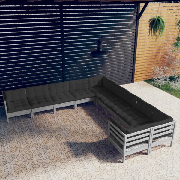 vidaXL 10-tlg. Garten-Lounge-Set mit Kissen Grau Kiefernholz