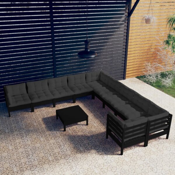 vidaXL 11-tlg. Garten-Lounge-Set mit Kissen Schwarz Kiefernholz