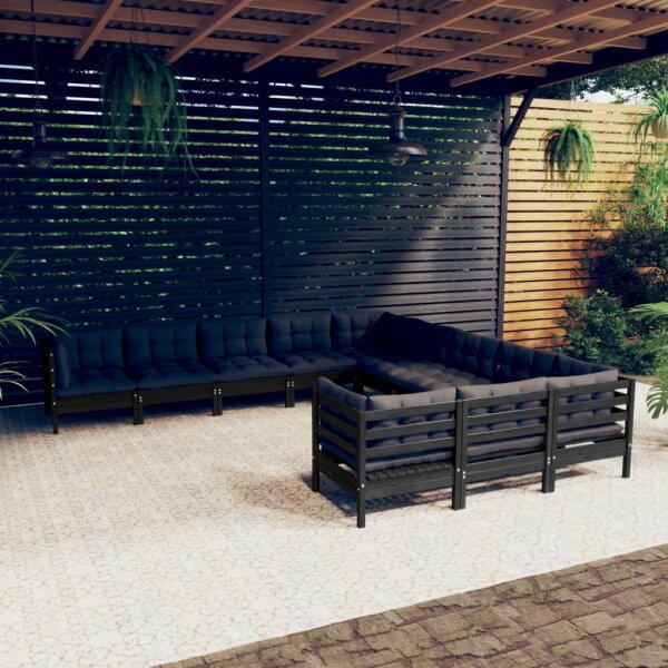 vidaXL 11-tlg. Garten-Lounge-Set mit Kissen Schwarz Kiefernholz