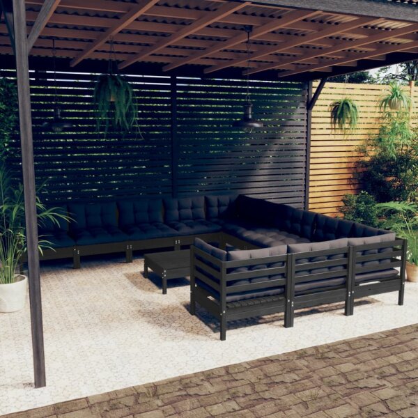 vidaXL 12-tlg. Garten-Lounge-Set mit Kissen Schwarz Kiefernholz