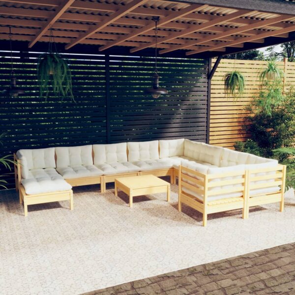 vidaXL 11-tlg. Garten-Lounge-Set mit Creme Kissen Kiefernholz