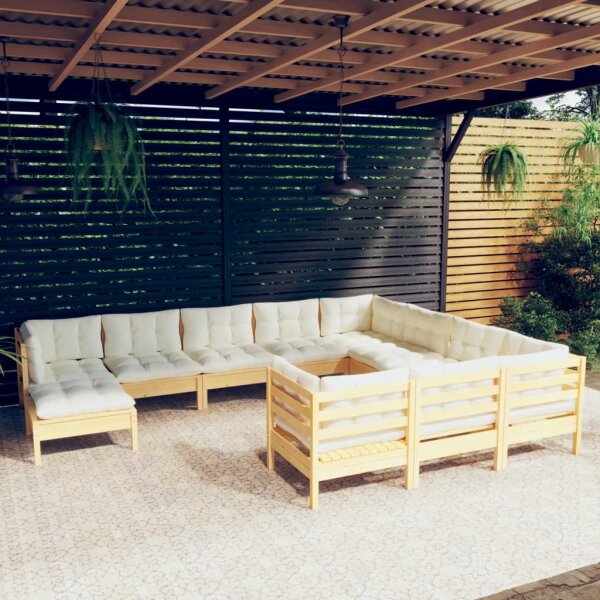 vidaXL 11-tlg. Garten-Lounge-Set mit Creme Kissen Kiefernholz