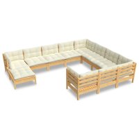 vidaXL 11-tlg. Garten-Lounge-Set mit Creme Kissen Kiefernholz