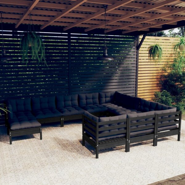 vidaXL 11-tlg. Garten-Lounge-Set mit Kissen Schwarz Kiefernholz