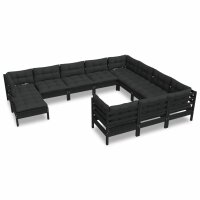 vidaXL 11-tlg. Garten-Lounge-Set mit Kissen Schwarz Kiefernholz