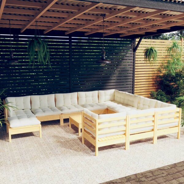 vidaXL 12-tlg. Garten-Lounge-Set mit Creme Kissen Kiefernholz