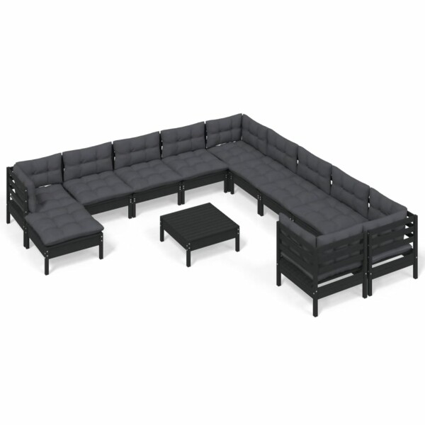 vidaXL 12-tlg. Garten-Lounge-Set mit Kissen Schwarz Kiefernholz