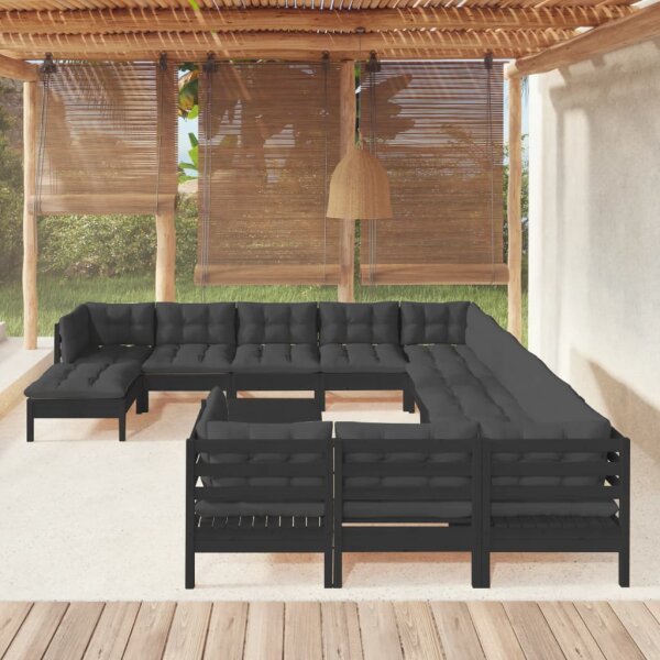 vidaXL 13-tlg. Garten-Lounge-Set mit Kissen Schwarz Kiefernholz