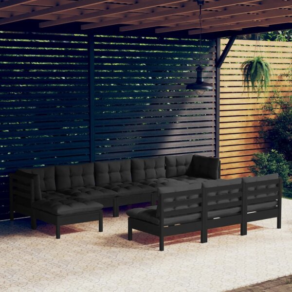 vidaXL 10-tlg. Garten-Lounge-Set mit Kissen Schwarz Kiefernholz