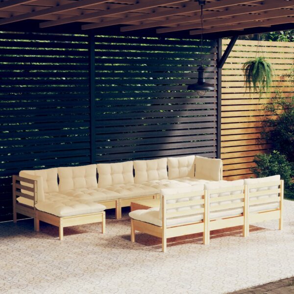 vidaXL 11-tlg. Garten-Lounge-Set mit Creme Kissen Kiefernholz