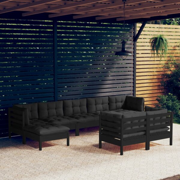 vidaXL 9-tlg. Garten-Lounge-Set mit Kissen Schwarz Kiefer Massivholz