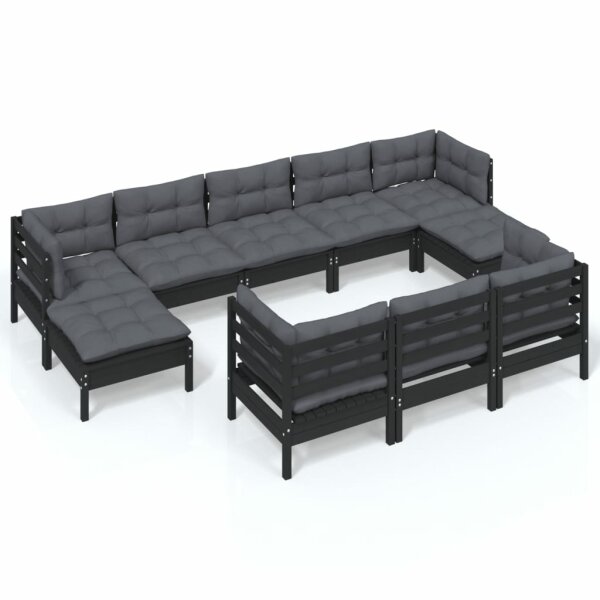 vidaXL 10-tlg. Garten-Lounge-Set mit Kissen Schwarz Kiefer Massivholz