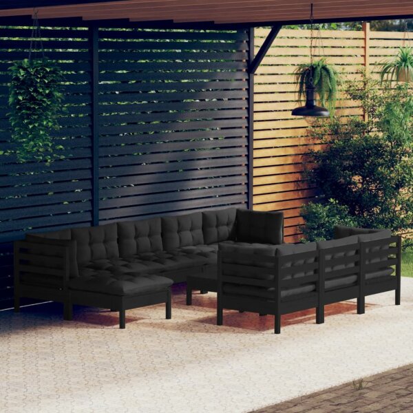 vidaXL 11-tlg. Garten-Lounge-Set mit Kissen Schwarz Kiefer Massivholz