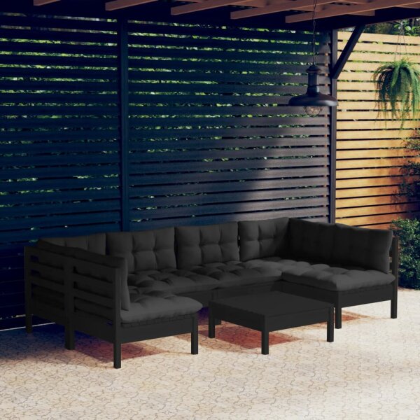 vidaXL 7-tlg. Garten-Lounge-Set mit Kissen Schwarz Kiefer Massivholz