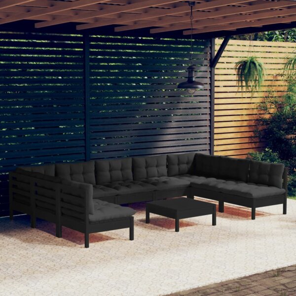 vidaXL 10-tlg. Garten-Lounge-Set mit Kissen Schwarz Massivholz Kiefer