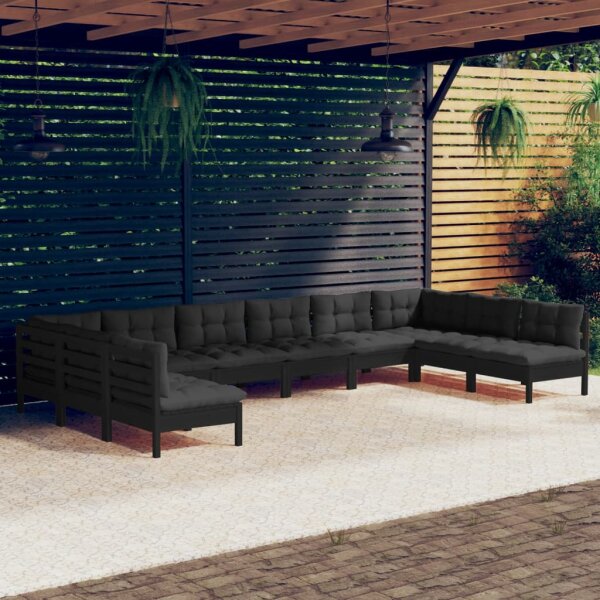 vidaXL 10-tlg. Garten-Lounge-Set mit Kissen Schwarz Kiefer Massivholz