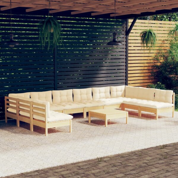 vidaXL 11-tlg. Garten-Lounge-Set mit Creme Kissen Massivholz Kiefer