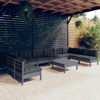 vidaXL 11-tlg. Garten-Lounge-Set mit Kissen Grau Kiefer Massivholz