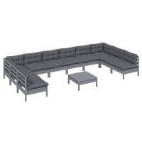 vidaXL 11-tlg. Garten-Lounge-Set mit Kissen Grau Kiefer Massivholz