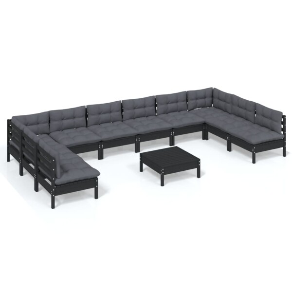 vidaXL 11-tlg. Garten-Lounge-Set mit Kissen Schwarz Kiefer Massivholz