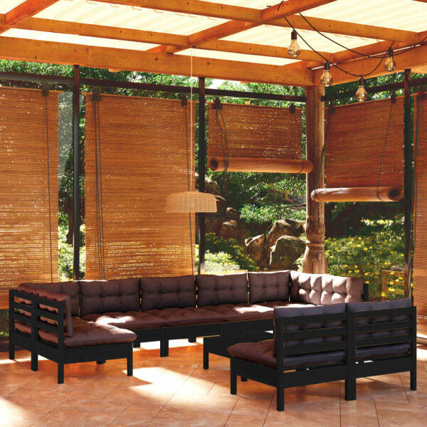 vidaXL 10-tlg. Garten-Lounge-Set mit Kissen Schwarz Massivholz Kiefer