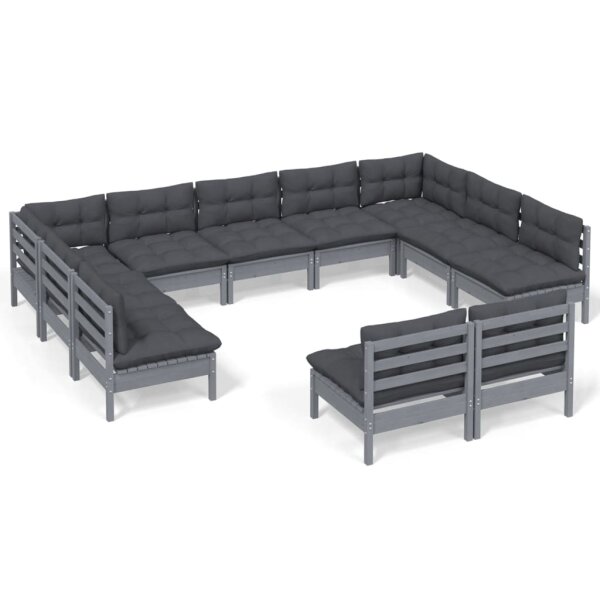 vidaXL 11-tlg. Garten-Lounge-Set mit Kissen Grau Kiefer Massivholz