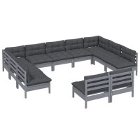 vidaXL 11-tlg. Garten-Lounge-Set mit Kissen Grau Kiefer Massivholz