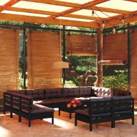 vidaXL 12-tlg. Garten-Lounge-Set mit Kissen Schwarz Massivholz Kiefer